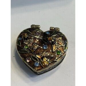 Monet Cloisonné Enameled Heart Shaped Flowers Magnetic Round Trinket Pill Box
